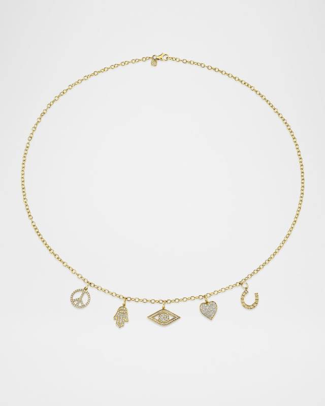 18K Yellow Gold Multi Icon Charm Necklace with Diamonds